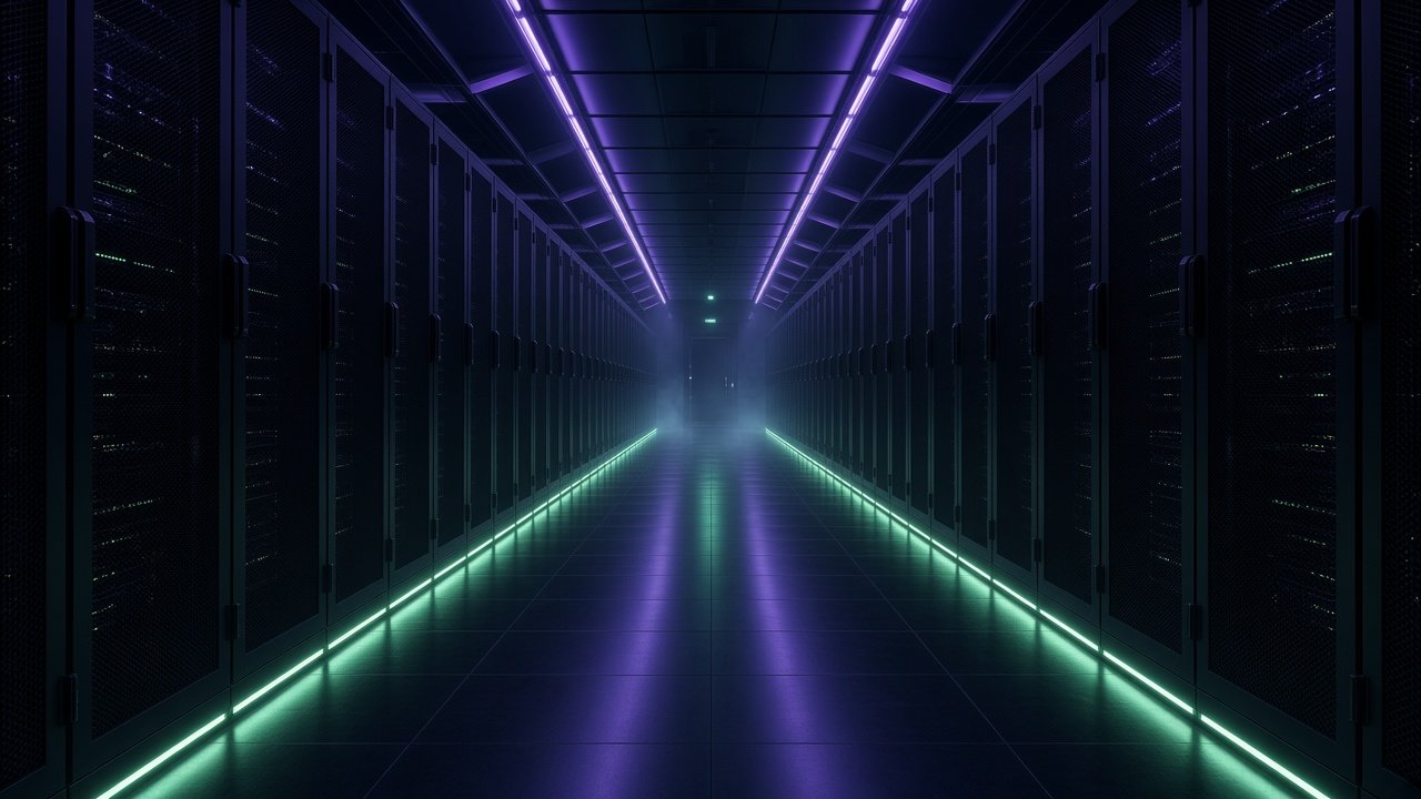 Data centre corridor lit with mint and violet light strips