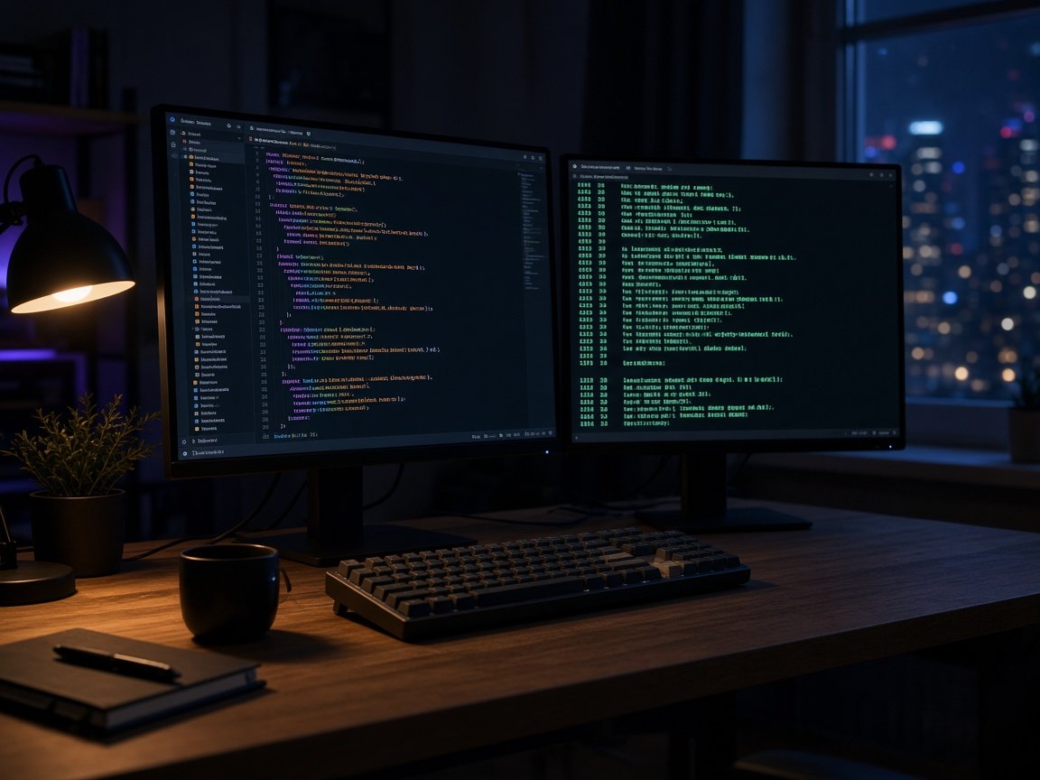 Developer workstation with code and a terminal on two monitors at night