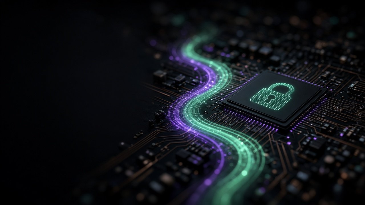 Glowing data stream flowing into a chip with a padlock symbol