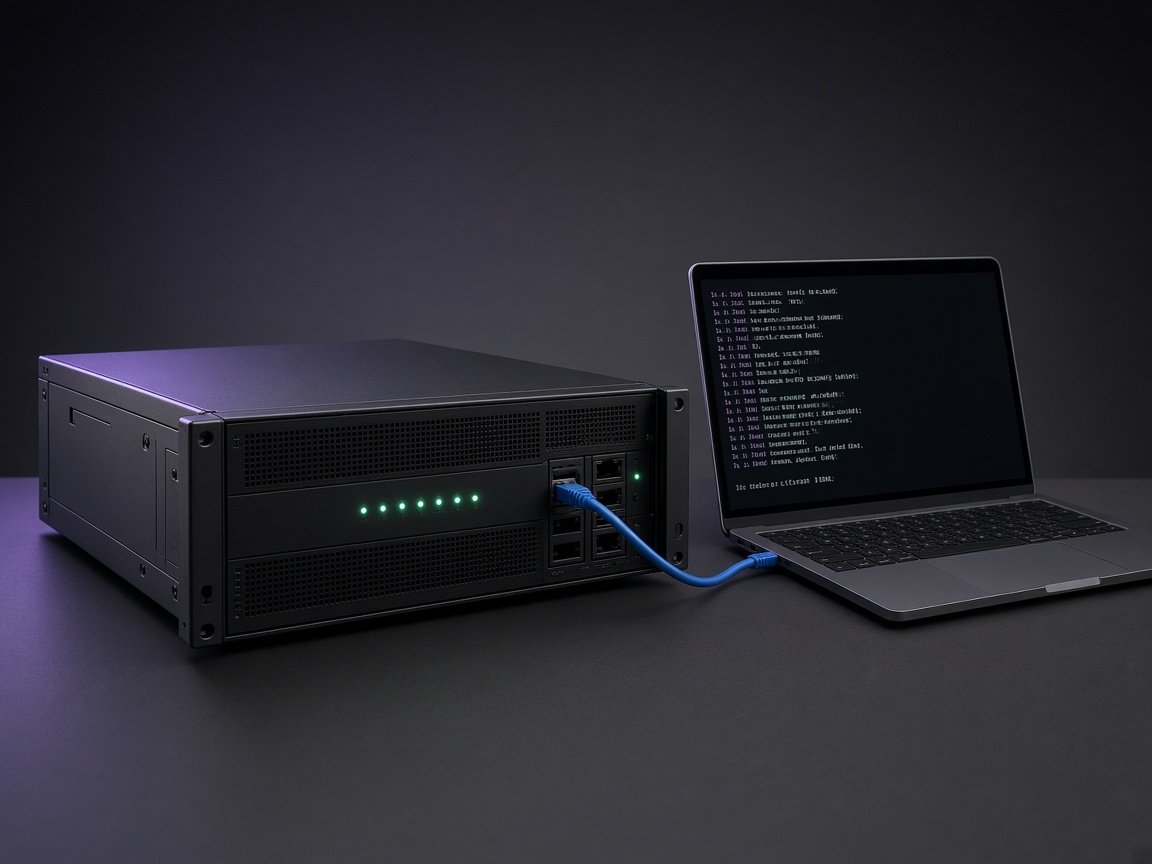 Self-hosted rack server connected to a laptop running PlainShip