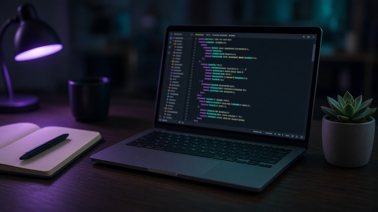 Laptop showing configuration code on a desk at night