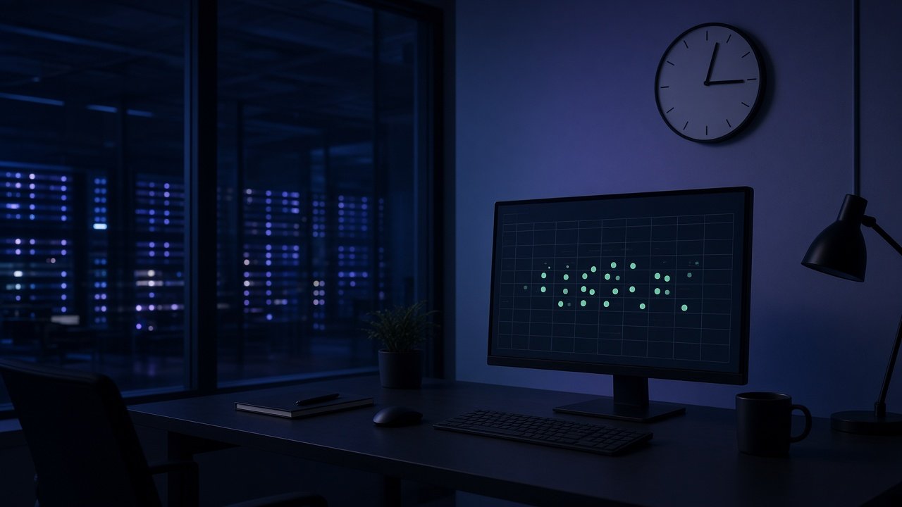 Quiet office at night with a schedule on screen and a wall clock