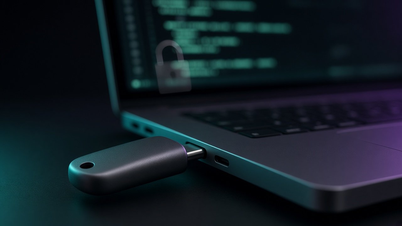 Hardware security key plugged into a laptop showing a terminal
