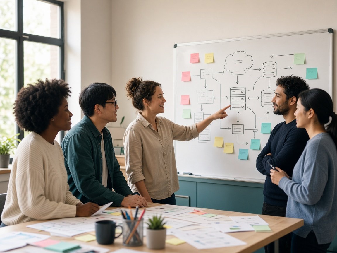PlainShip product team planning a server architecture at a whiteboard