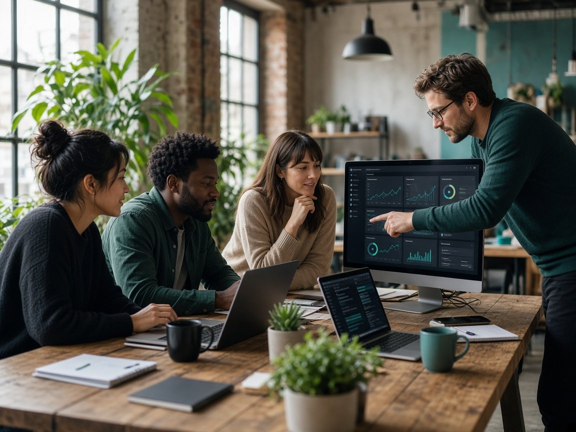 Agency team reviewing a server dashboard together around a table