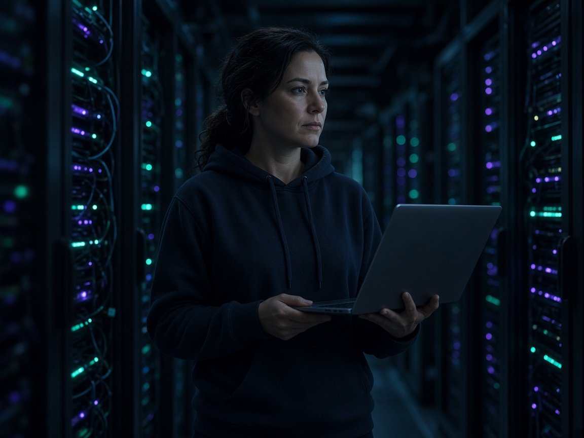 DevOps engineer holding a laptop in a data centre aisle