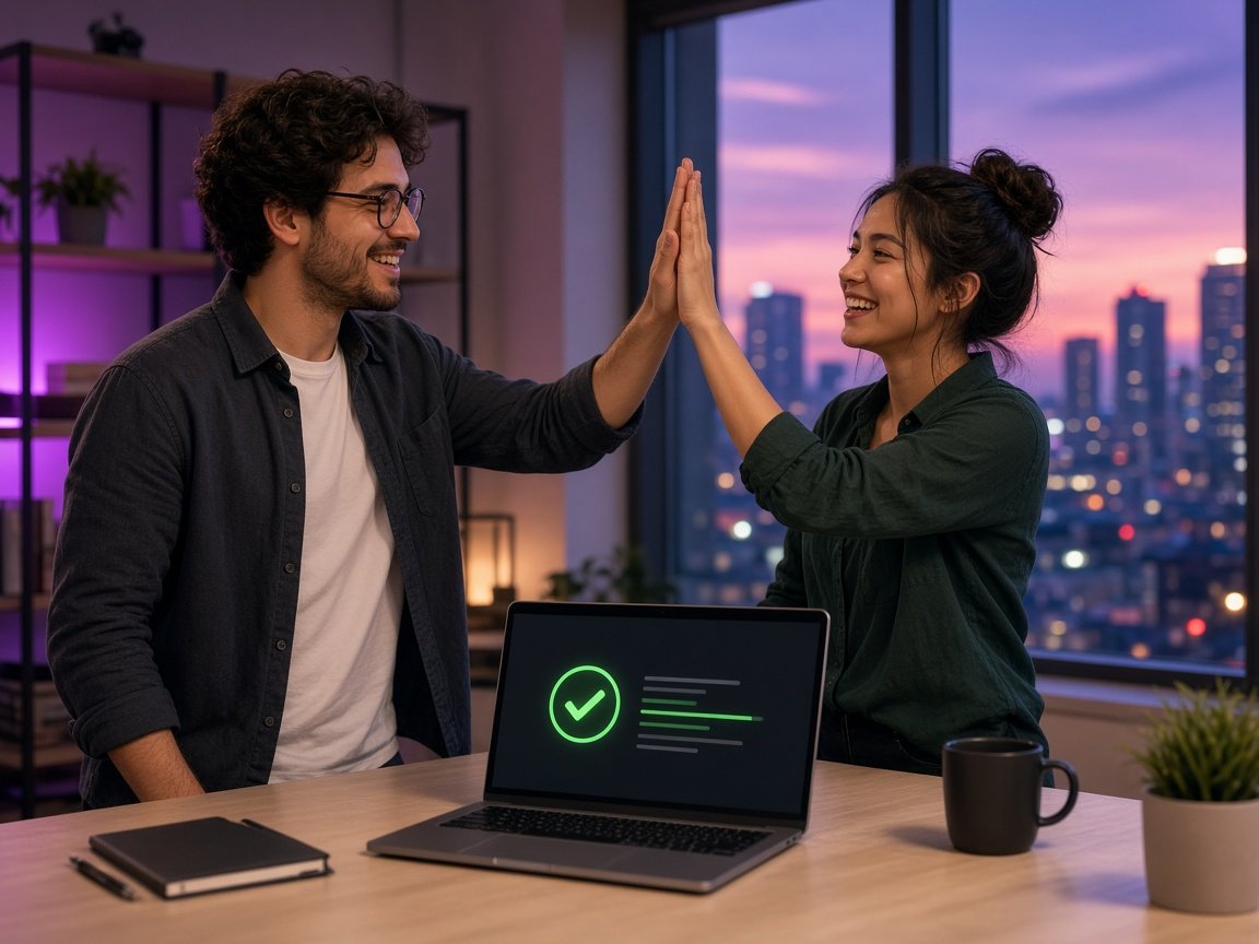 Two startup founders celebrating a successful deploy at their desk