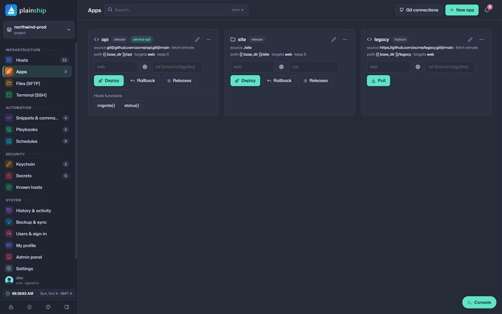 Apps screen with deploy, rollback and releases buttons