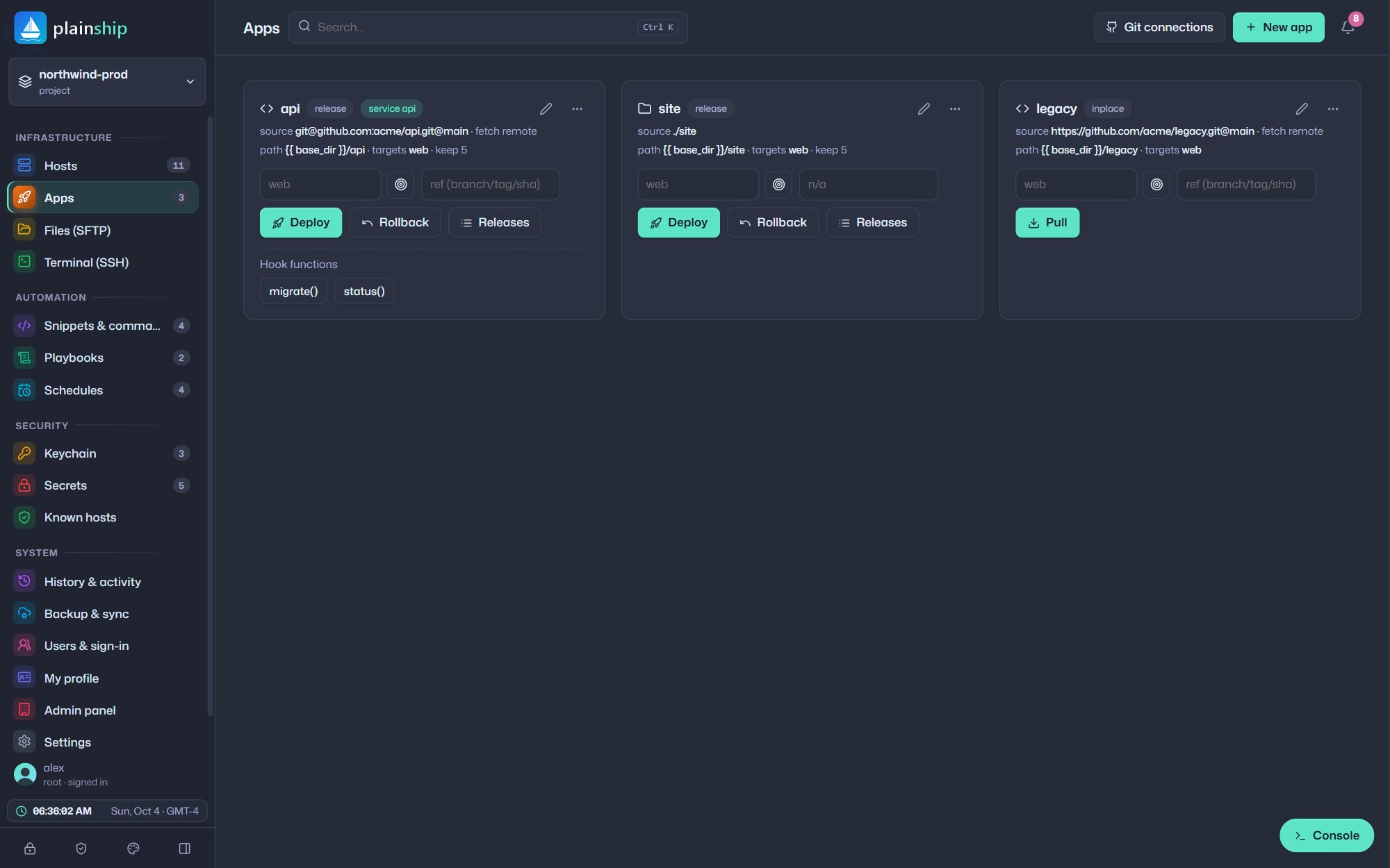 Deployments screen listing apps with releases and rollback