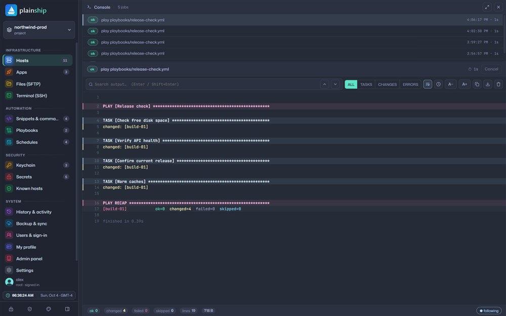 Live console streaming playbook output with ok, changed and failed counters