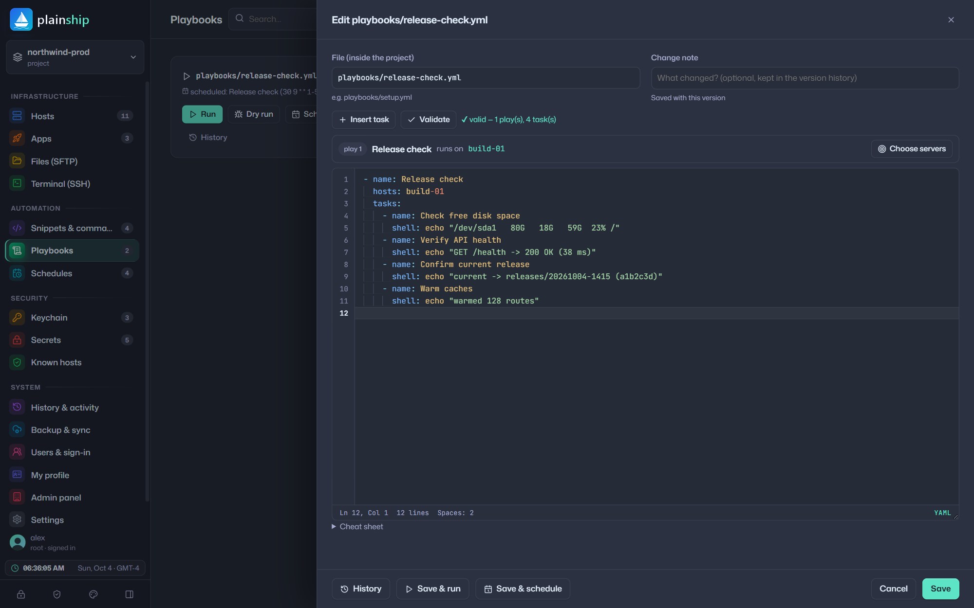 Playbook editor with YAML validation and change notes