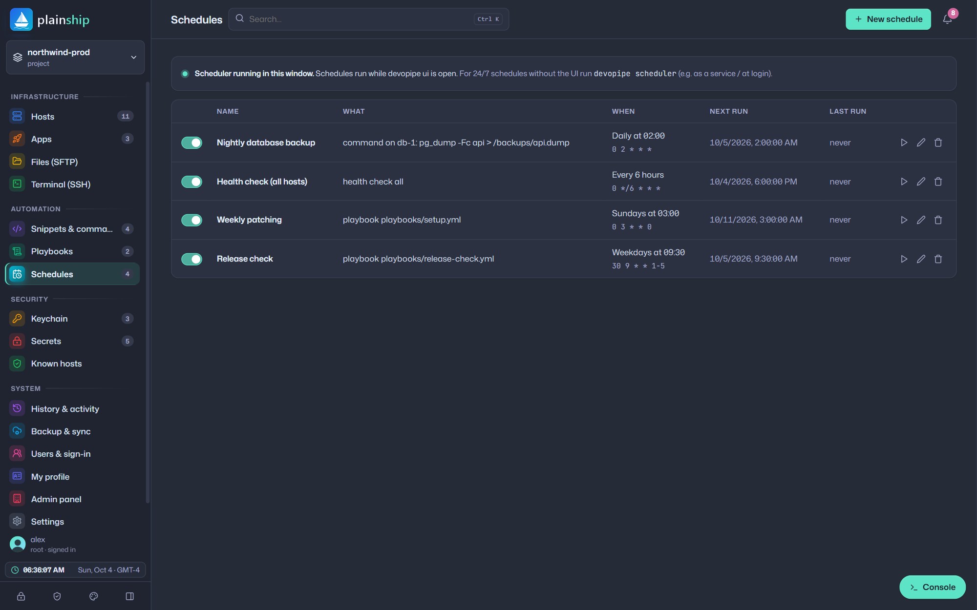 Schedules screen listing cron jobs with their next run and last status
