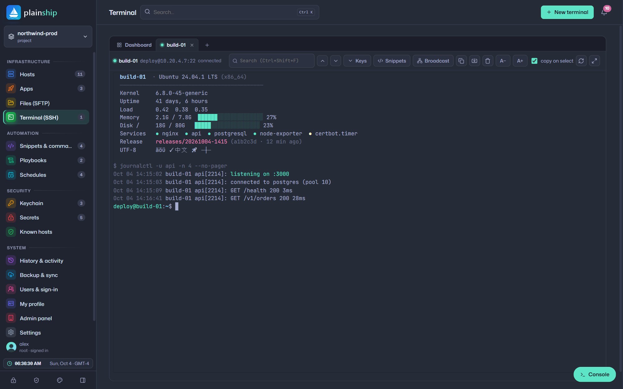 Browser-based SSH terminal showing system information and service logs