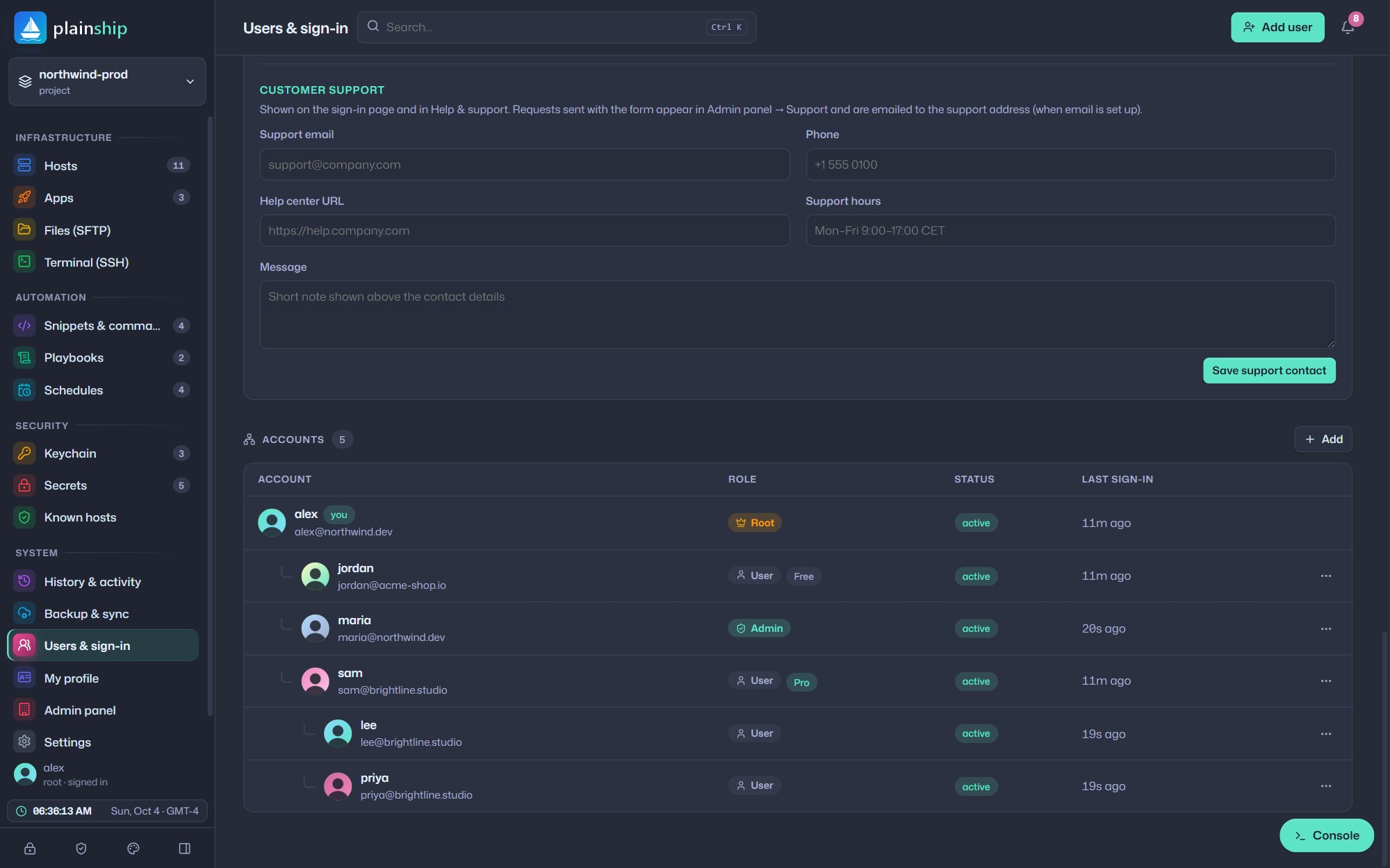 Users and sign-in screen with organization members and roles